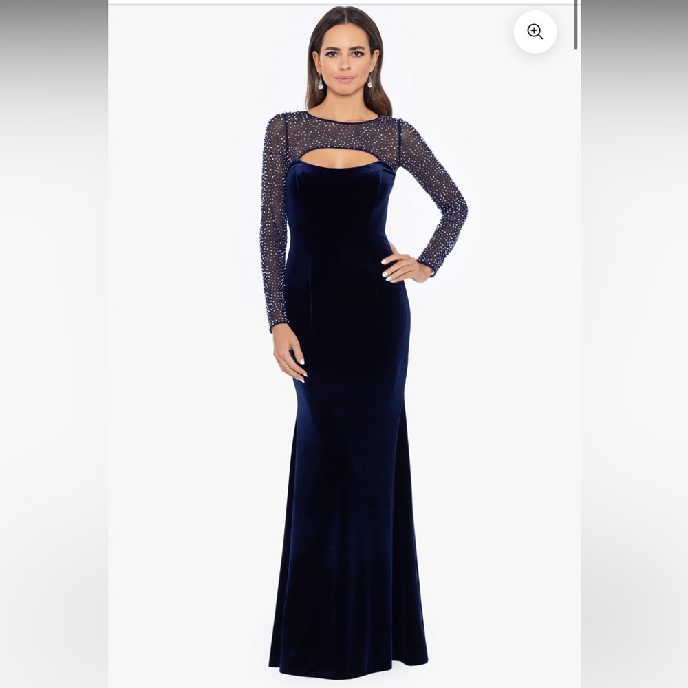 LONG SLEEVE VELVET BEADED ILLUSION TOP GOWN